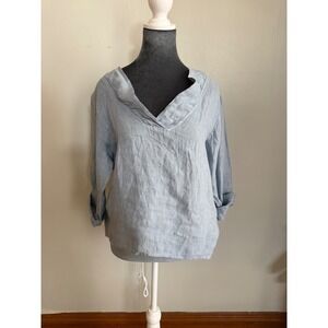Gigi Moda Italy Blue Linen V-Neck Tunic Top Long Sleeve Lagenlook coastal beachy